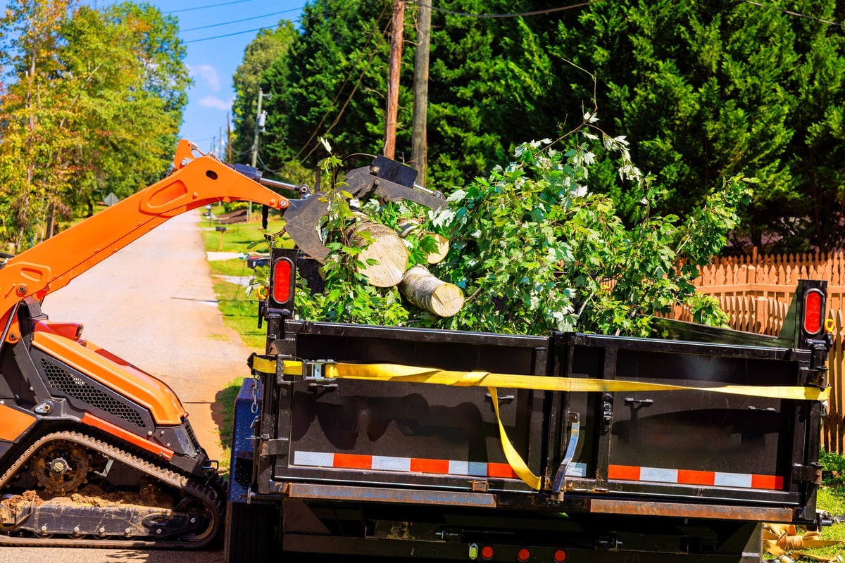 Crawler tractor loader collecting branches and debris from a neighborhood road after a storm