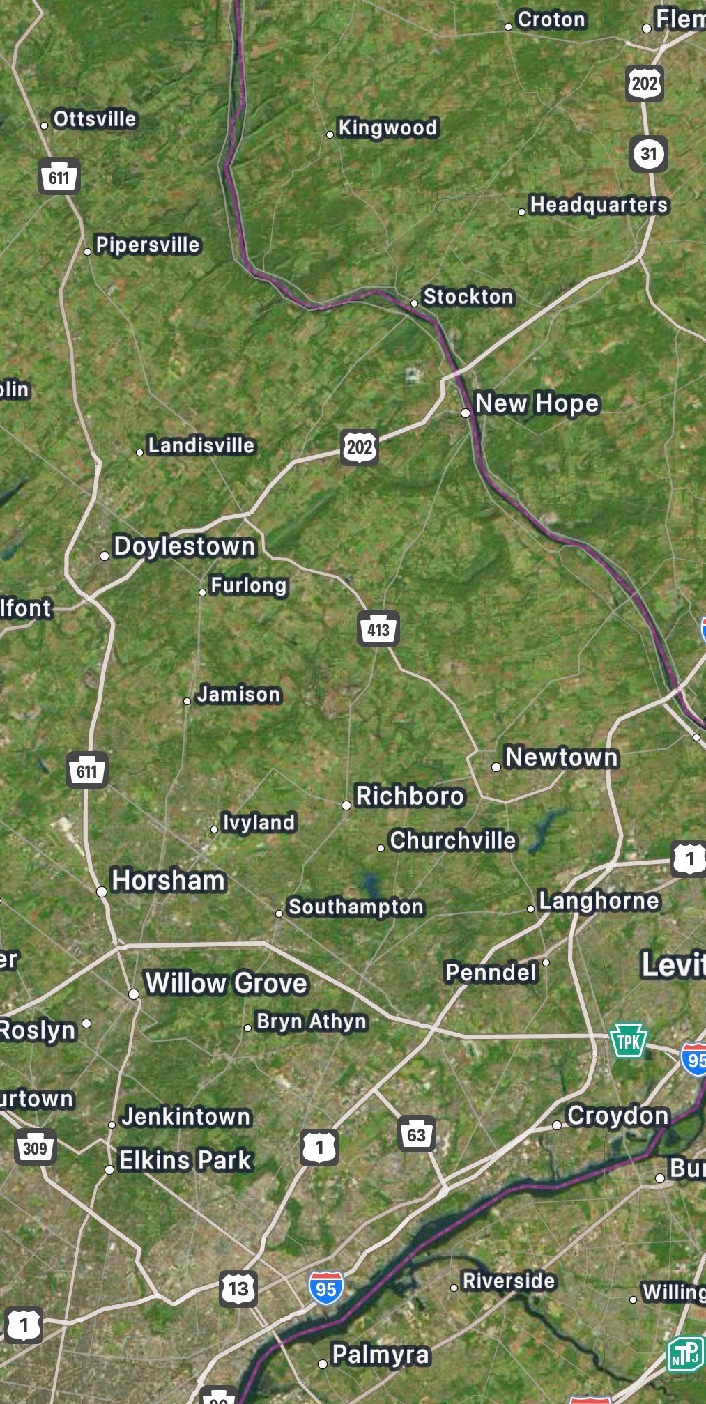 Aerial map of Bucks County and surrounding Pennsylvania towns including New Hope, Newtown, Doylestown, and Bristol
